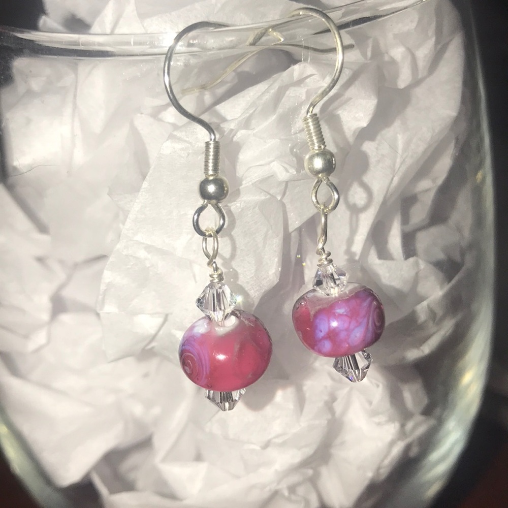 Pink Handblown Lampwork Glass Dangle Earrings